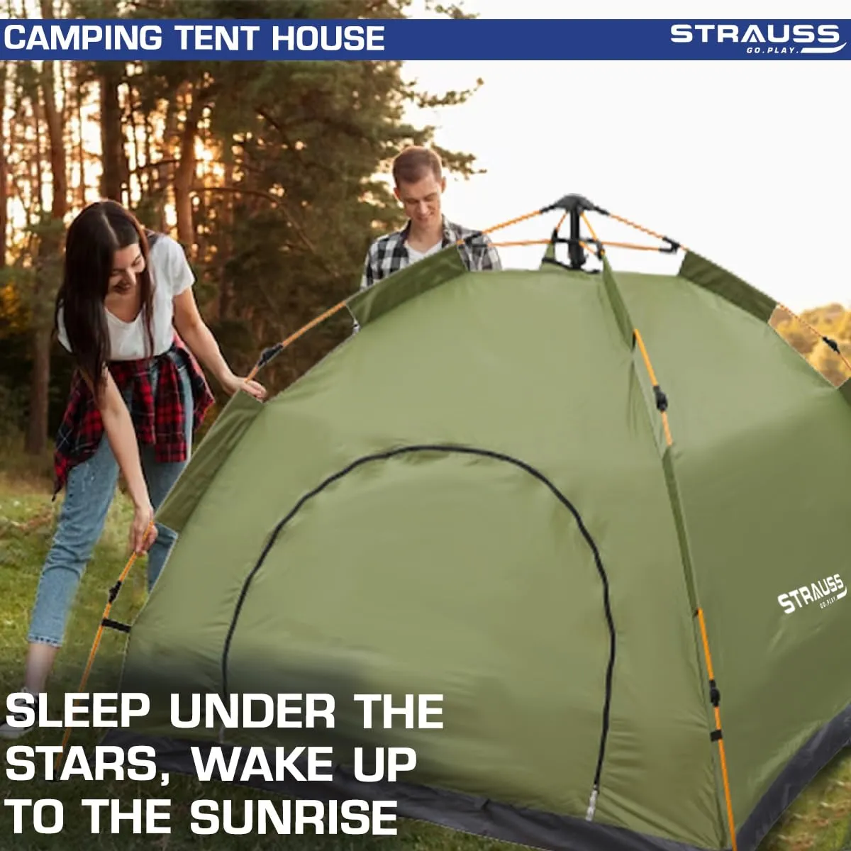 STRAUSS Portable Tent for Camping - Easy Setup in 5-10 Minutes | Waterproof, Windproof | 4 Person | Green