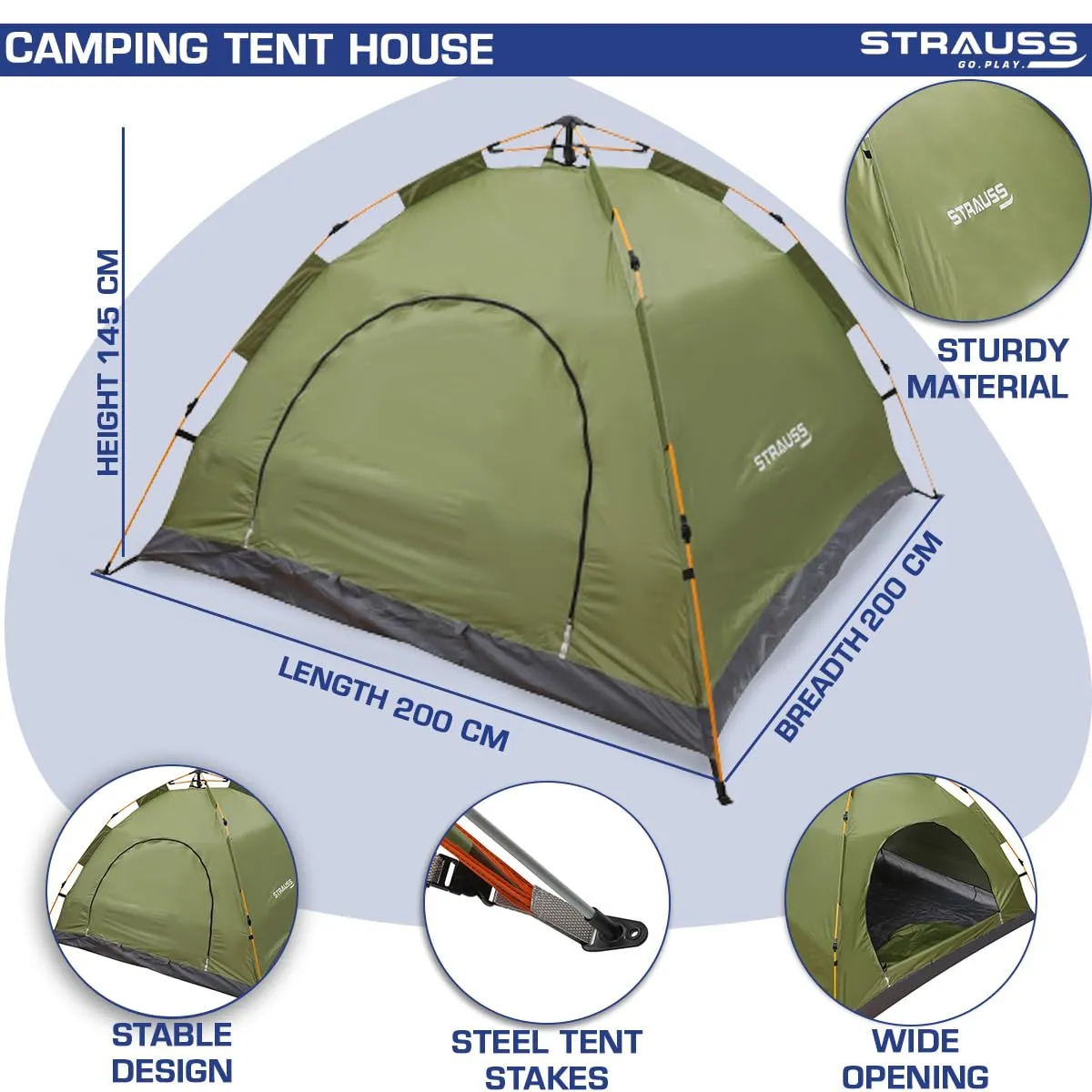 STRAUSS Portable Tent for Camping - Easy Setup in 5-10 Minutes | Waterproof, Windproof | 4 Person | Green