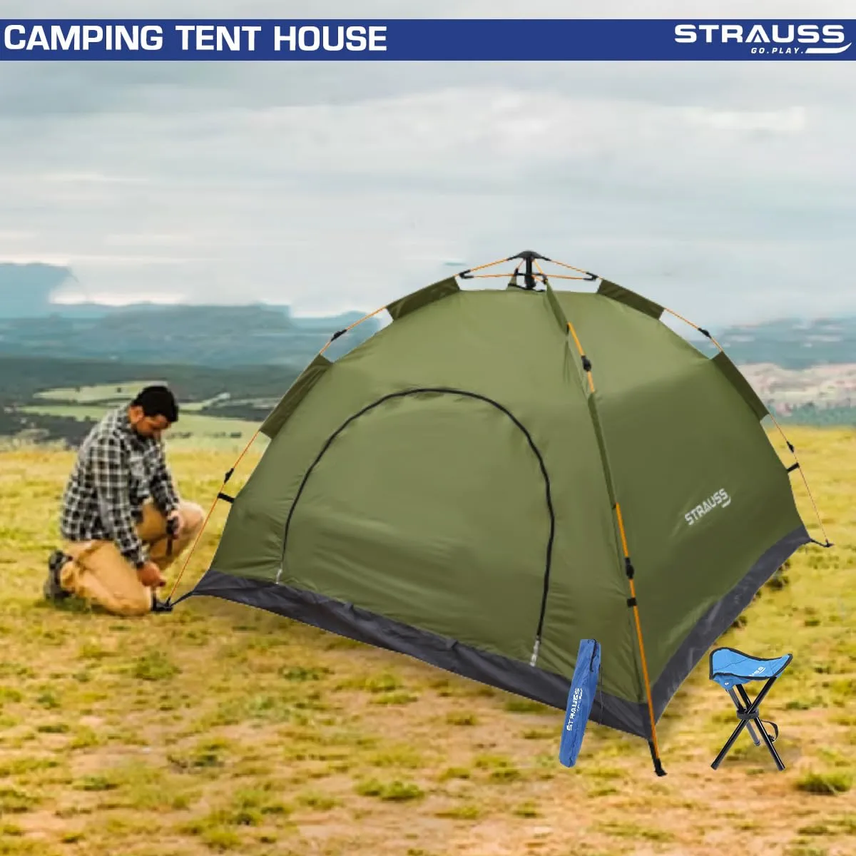 STRAUSS Portable Tent for Camping - Easy Setup in 5-10 Minutes | Waterproof, Windproof | 4 Person | Green