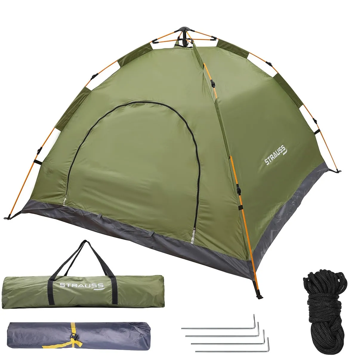 STRAUSS Portable Tent for Camping - Easy Setup in 5-10 Minutes | Waterproof, Windproof | 4 Person | Green