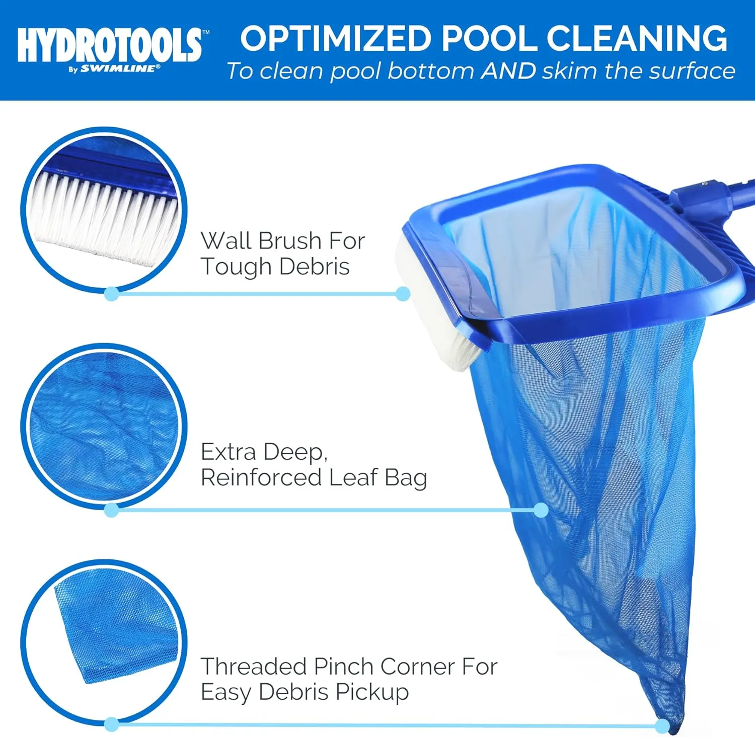 SWIMLINE HYDROTOOLS 8041 Leaf Net For Inground Above Ground Pool Pond | Extra Large Skimmer Net Cleaning Tool Ultra Fine Deep Mesh Bag | Durable Reinforced Plastic Frame With Brush | Debris Pickup