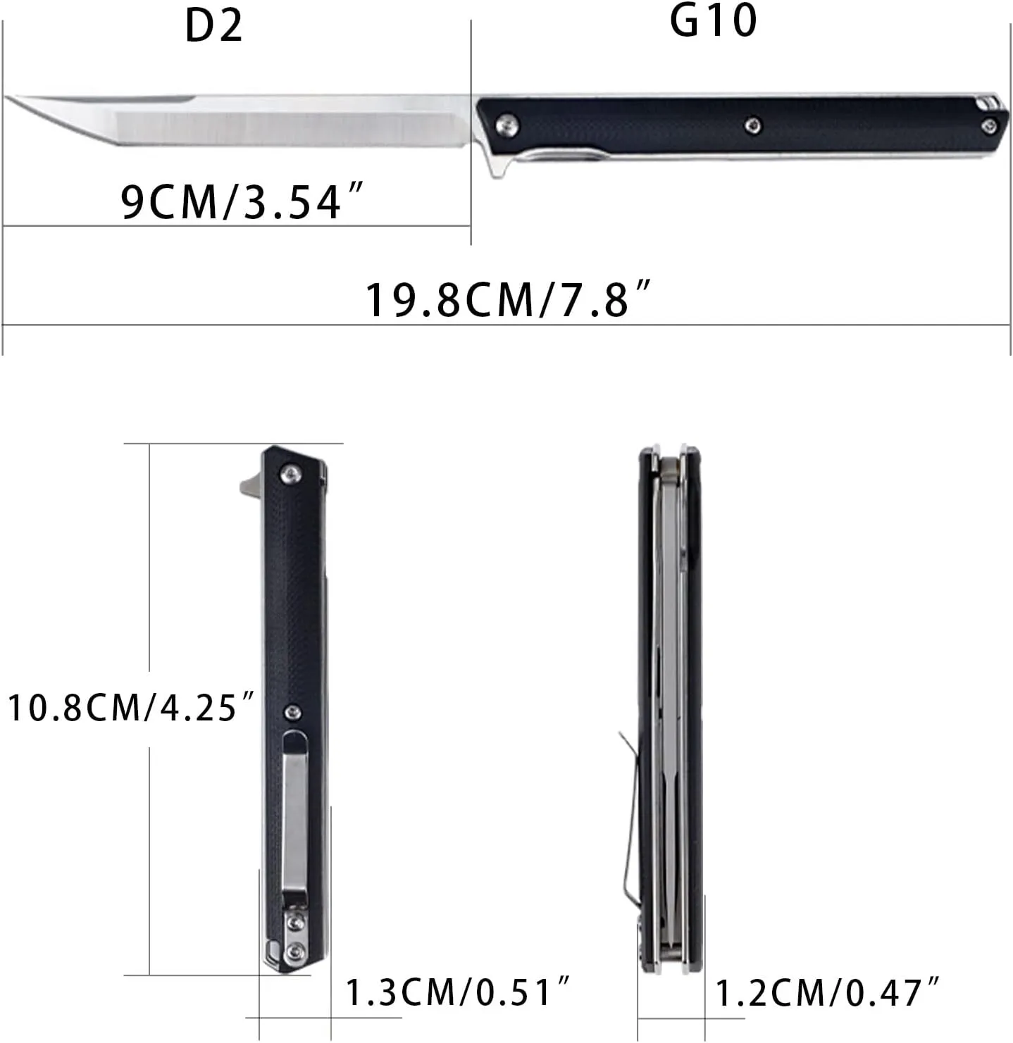 T42 Small Slim Pocket Flipper Knife, 3.5 inches D2 Tanto Blades, Contoured G10 Handle with Liner lock Compact Gentlemen's Folding Utility Tactical EDC, 2oz (Black)