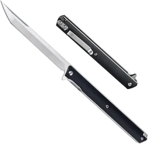 T42 Small Slim Pocket Flipper Knife, 3.5 inches D2 Tanto Blades, Contoured G10 Handle with Liner lock Compact Gentlemen's Folding Utility Tactical EDC, 2oz (Black)
