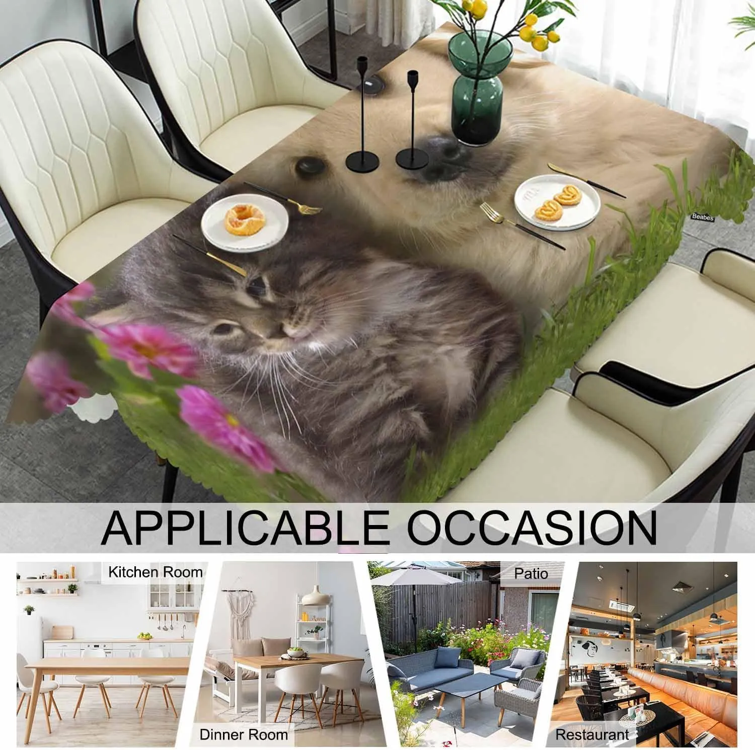 Table Cloth Cat Dog, Cute Funny Farmhouse Soft Table Cover for Kitchen Dining Tabletop Decoration, 52x70 Inch Fitted, 4-6 Seats