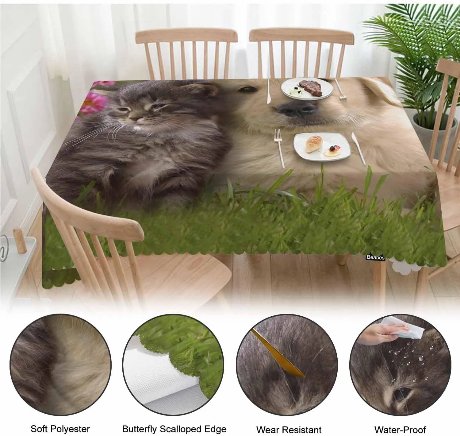 Table Cloth Cat Dog, Cute Funny Farmhouse Soft Table Cover for Kitchen Dining Tabletop Decoration, 52x70 Inch Fitted, 4-6 Seats