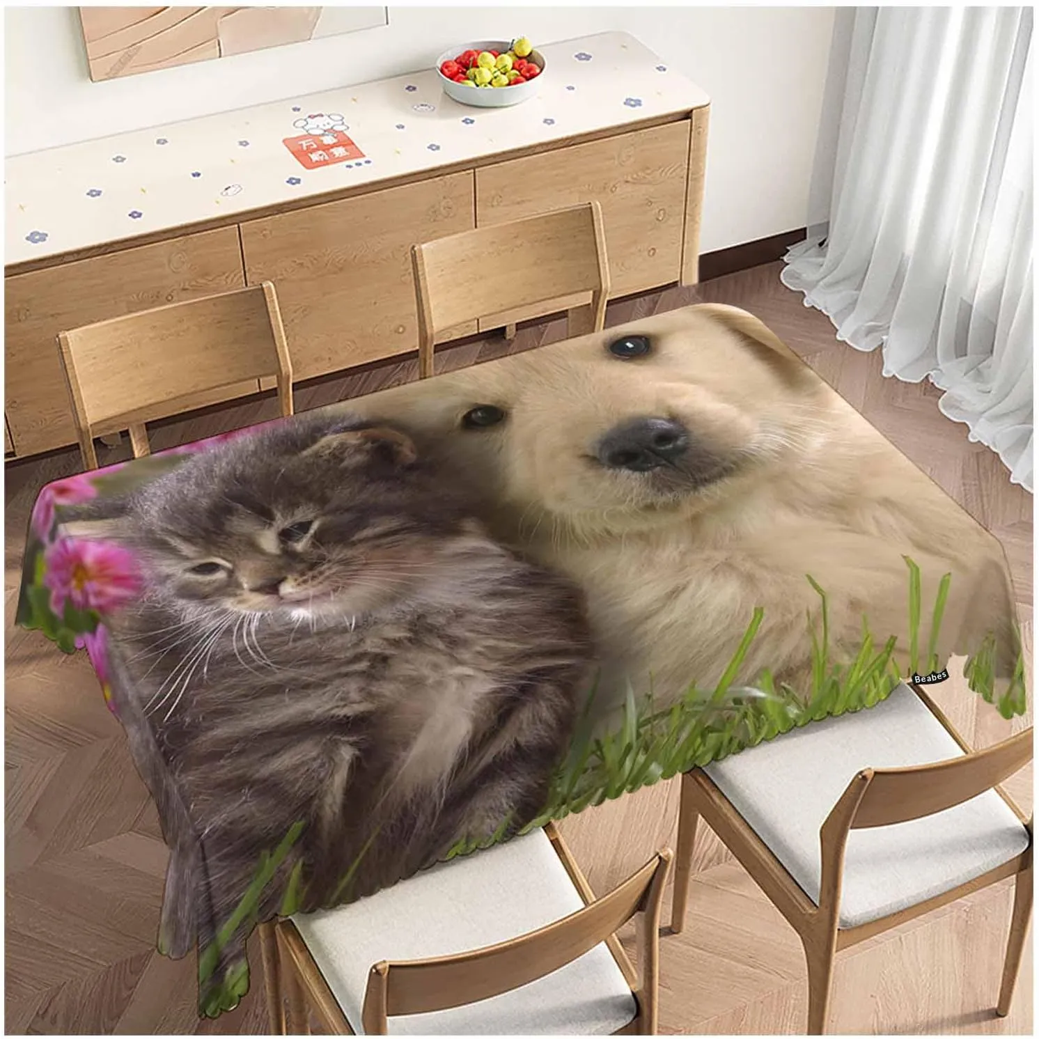 Table Cloth Cat Dog, Cute Funny Farmhouse Soft Table Cover for Kitchen Dining Tabletop Decoration, 52x70 Inch Fitted, 4-6 Seats