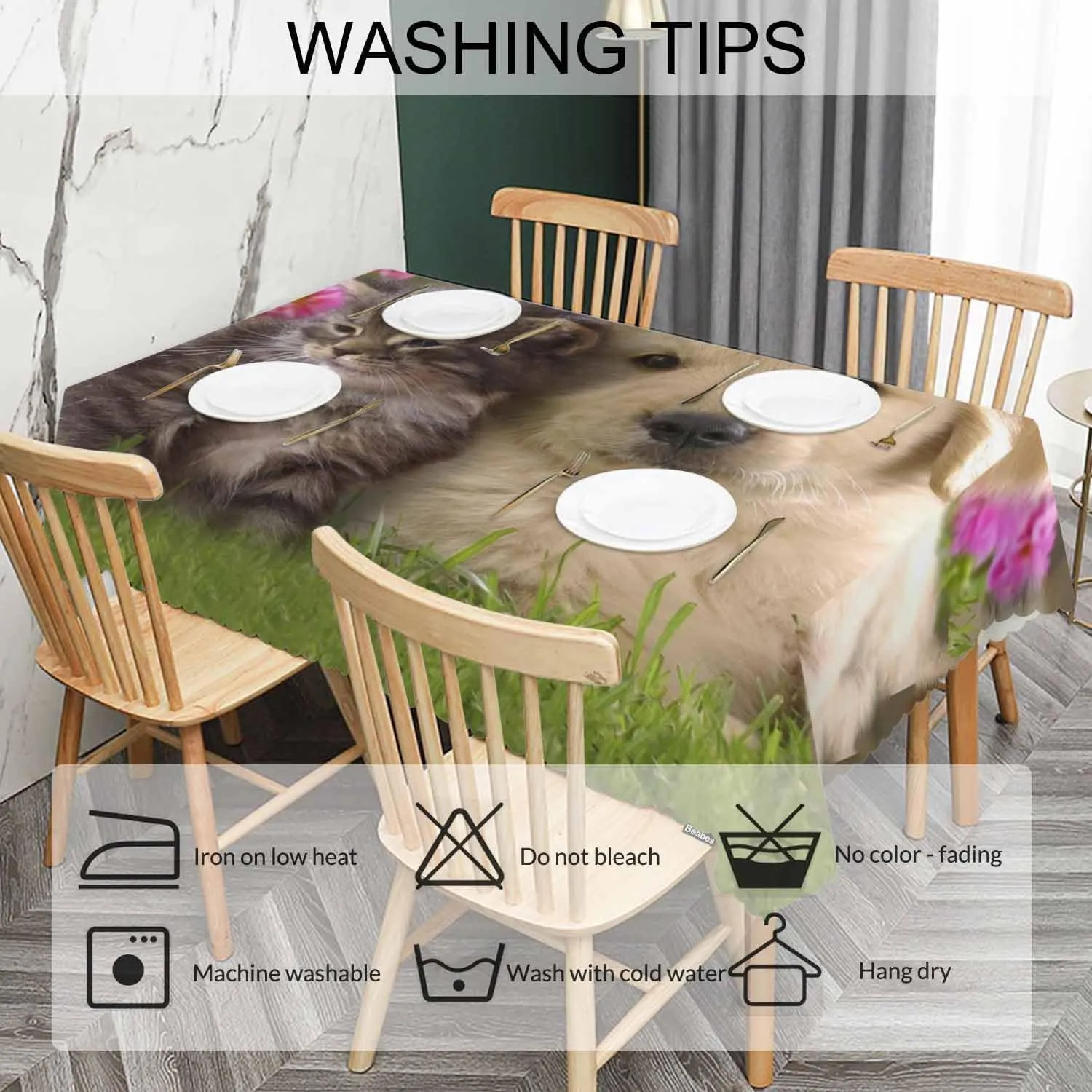Table Cloth Cat Dog, Cute Funny Farmhouse Soft Table Cover for Kitchen Dining Tabletop Decoration, 52x70 Inch Fitted, 4-6 Seats