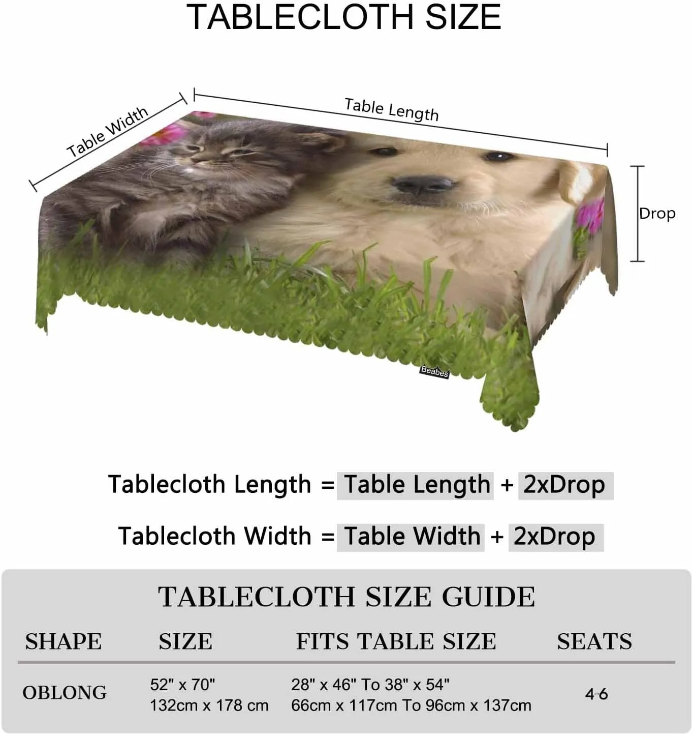 Table Cloth Cat Dog, Cute Funny Farmhouse Soft Table Cover for Kitchen Dining Tabletop Decoration, 52x70 Inch Fitted, 4-6 Seats