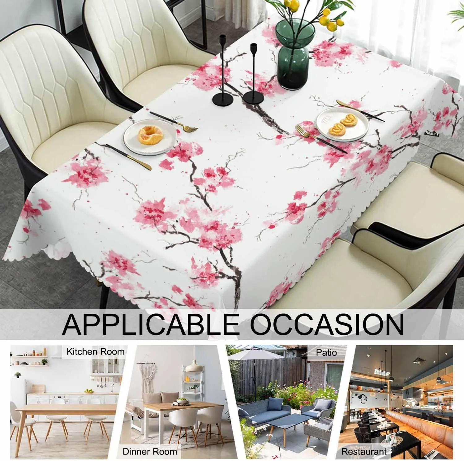 Table Cloth Cherry, Blossom Cherry Farmhouse Tablecloth Soft Table Cover for Kitchen Dinning Tabletop Decoration, 52x70 Inch Fitted Tablecloth Pink