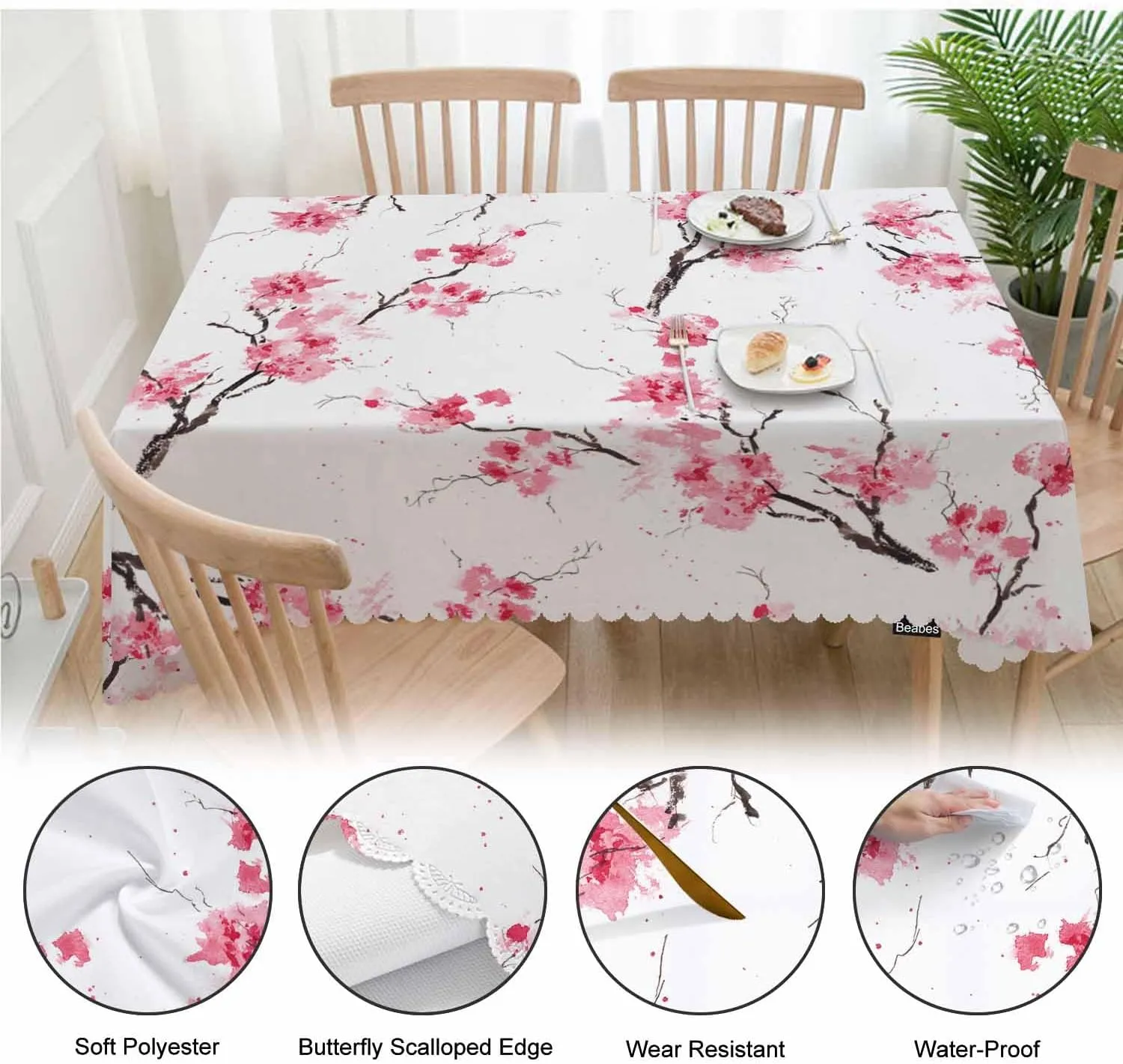 Table Cloth Cherry, Blossom Cherry Farmhouse Tablecloth Soft Table Cover for Kitchen Dinning Tabletop Decoration, 52x70 Inch Fitted Tablecloth Pink