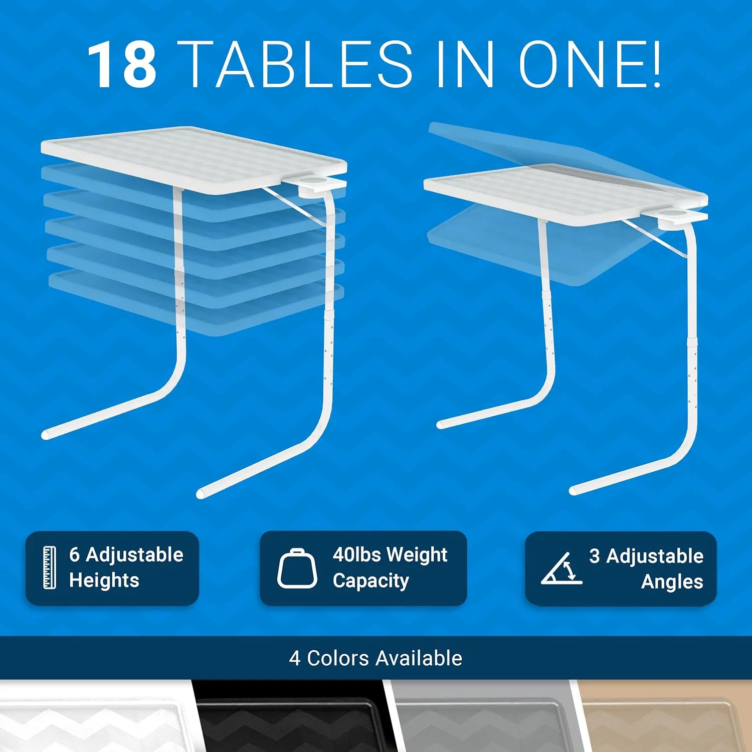 Table Mate II TV Tray Table - Folding TV Dinner Table, Couch Table Trays for Eating Snack Food, Stowaway Laptop Stand, Portable Bed Dinner Tray - Adjustable TV Table with 3 Angles, Cup Holder, White