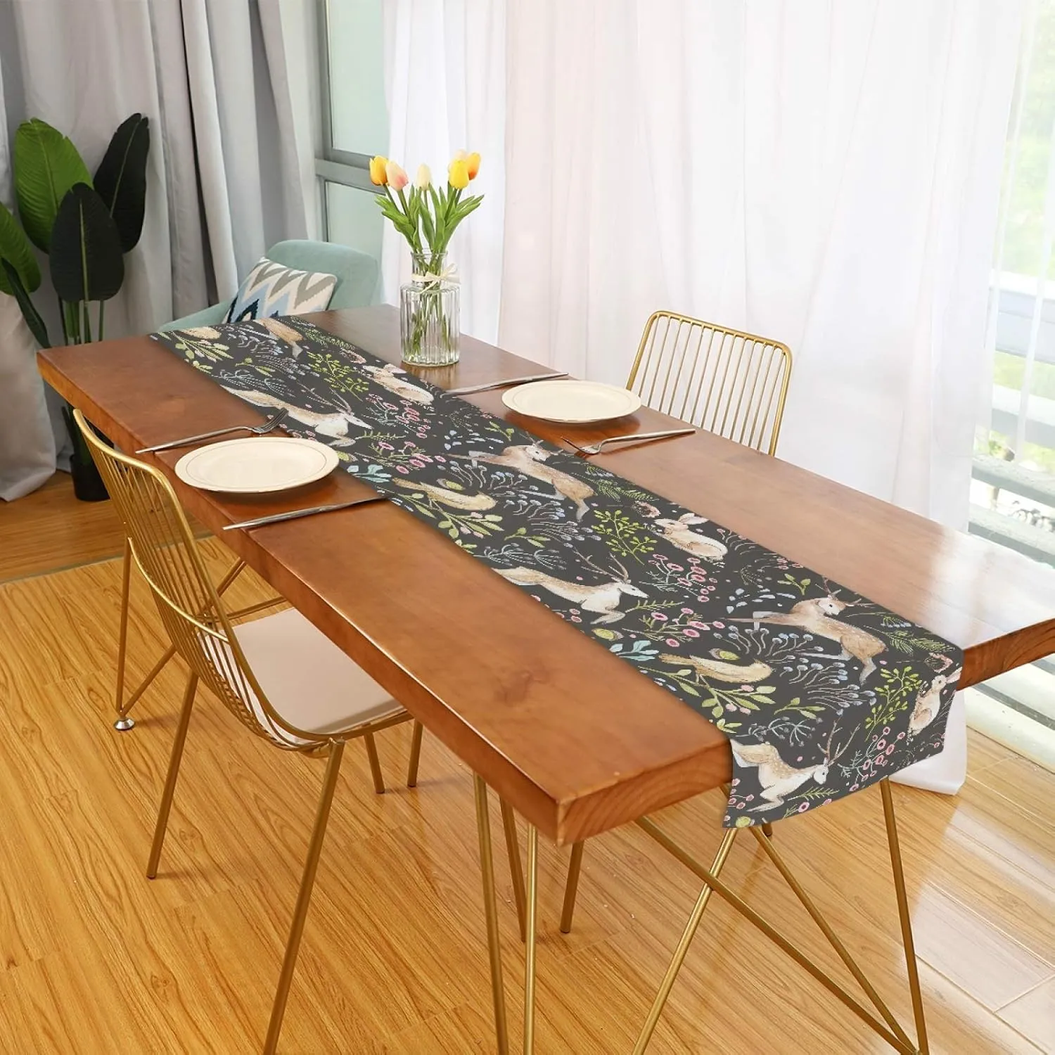Table Runner Forest Animal Deer Rabbit Bird Floral Durable Luxury Dresser Scarf Tabletop Cloth for Wedding Dining Table Holiday Party Kitchen Home Decoration 13x70in