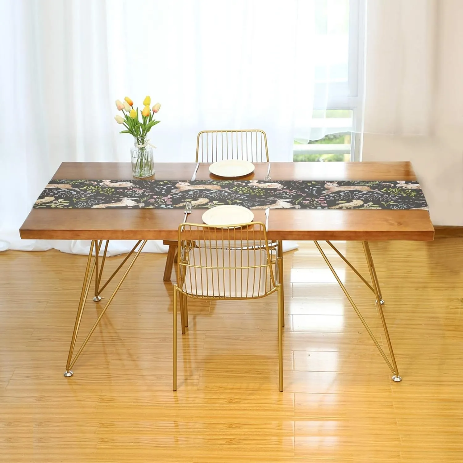 Table Runner Forest Animal Deer Rabbit Bird Floral Durable Luxury Dresser Scarf Tabletop Cloth for Wedding Dining Table Holiday Party Kitchen Home Decoration 13x70in