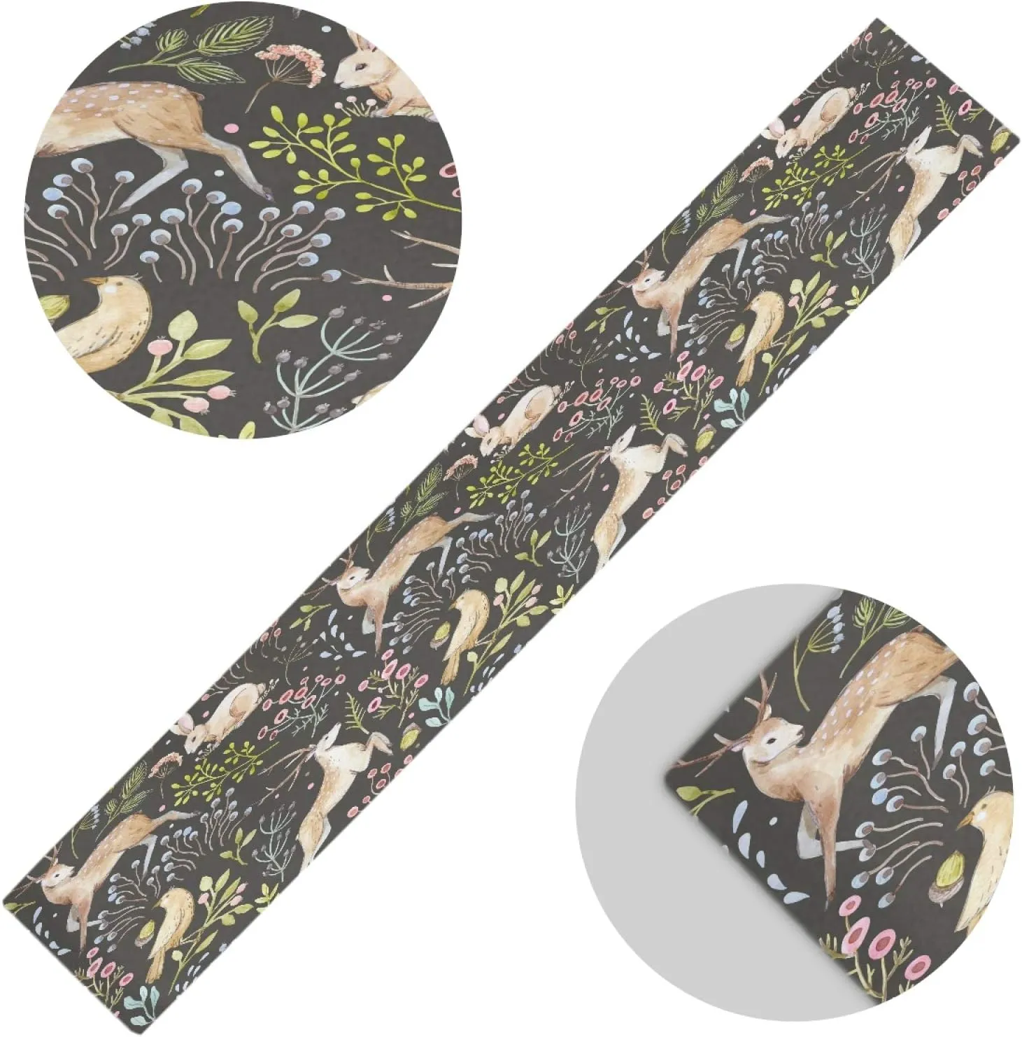 Table Runner Forest Animal Deer Rabbit Bird Floral Durable Luxury Dresser Scarf Tabletop Cloth for Wedding Dining Table Holiday Party Kitchen Home Decoration 13x70in