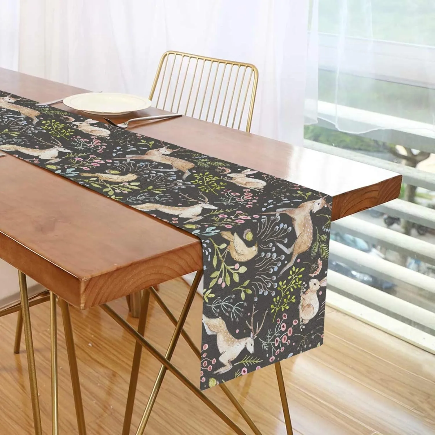 Table Runner Forest Animal Deer Rabbit Bird Floral Durable Luxury Dresser Scarf Tabletop Cloth for Wedding Dining Table Holiday Party Kitchen Home Decoration 13x70in