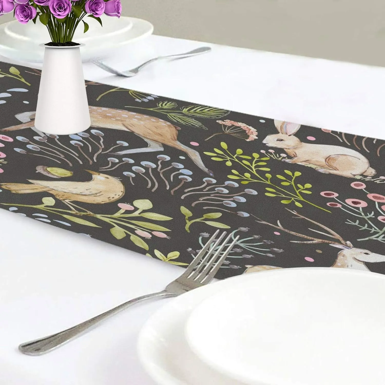 Table Runner Forest Animal Deer Rabbit Bird Floral Durable Luxury Dresser Scarf Tabletop Cloth for Wedding Dining Table Holiday Party Kitchen Home Decoration 13x70in