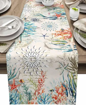 Table Runner Ocean Coastal Starfish Coral Table Decoration for Kitchen Dinning Vintage Marine Life Table Decoration for Indoor Outdoor Holiday Party Wedding Decor 13x72 Inch
