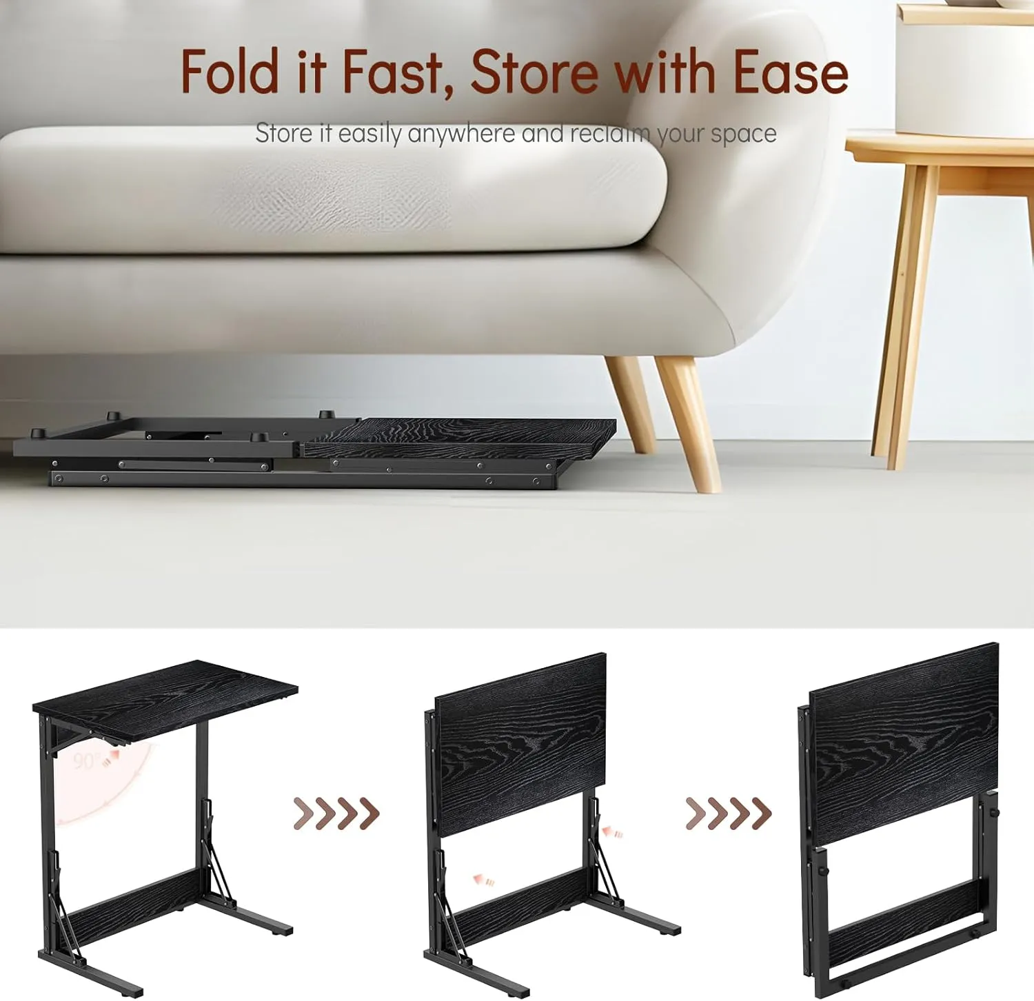 Tatub 24" Folding C Shaped End Table Set of 2, Small Sofa Side Laptop Desk, Couch TV Tray Table for Living Room, Bedroom, Black
