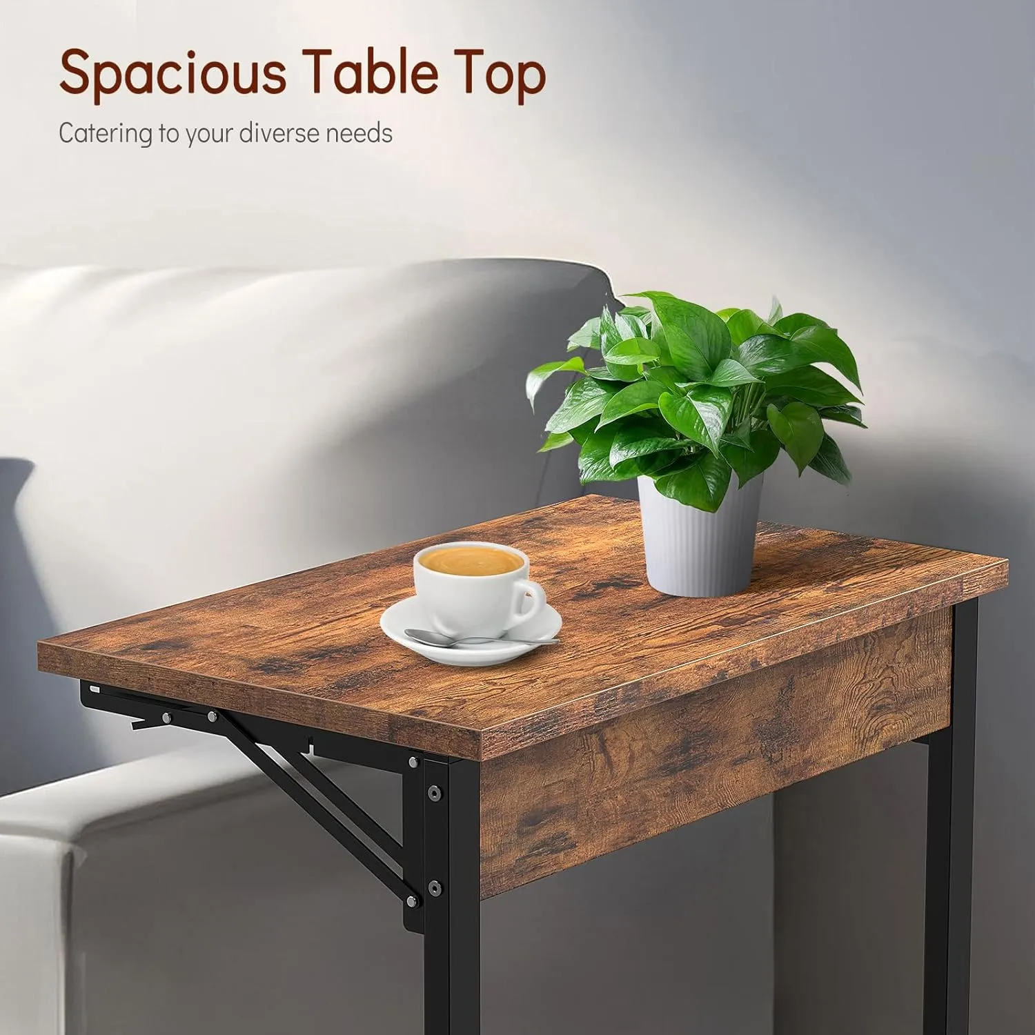 Tatub 24" Folding C Shaped End Table Set of 2, Small Sofa Side Laptop Desk, Couch TV Tray Table for Living Room, Bedroom, Rustic Brown