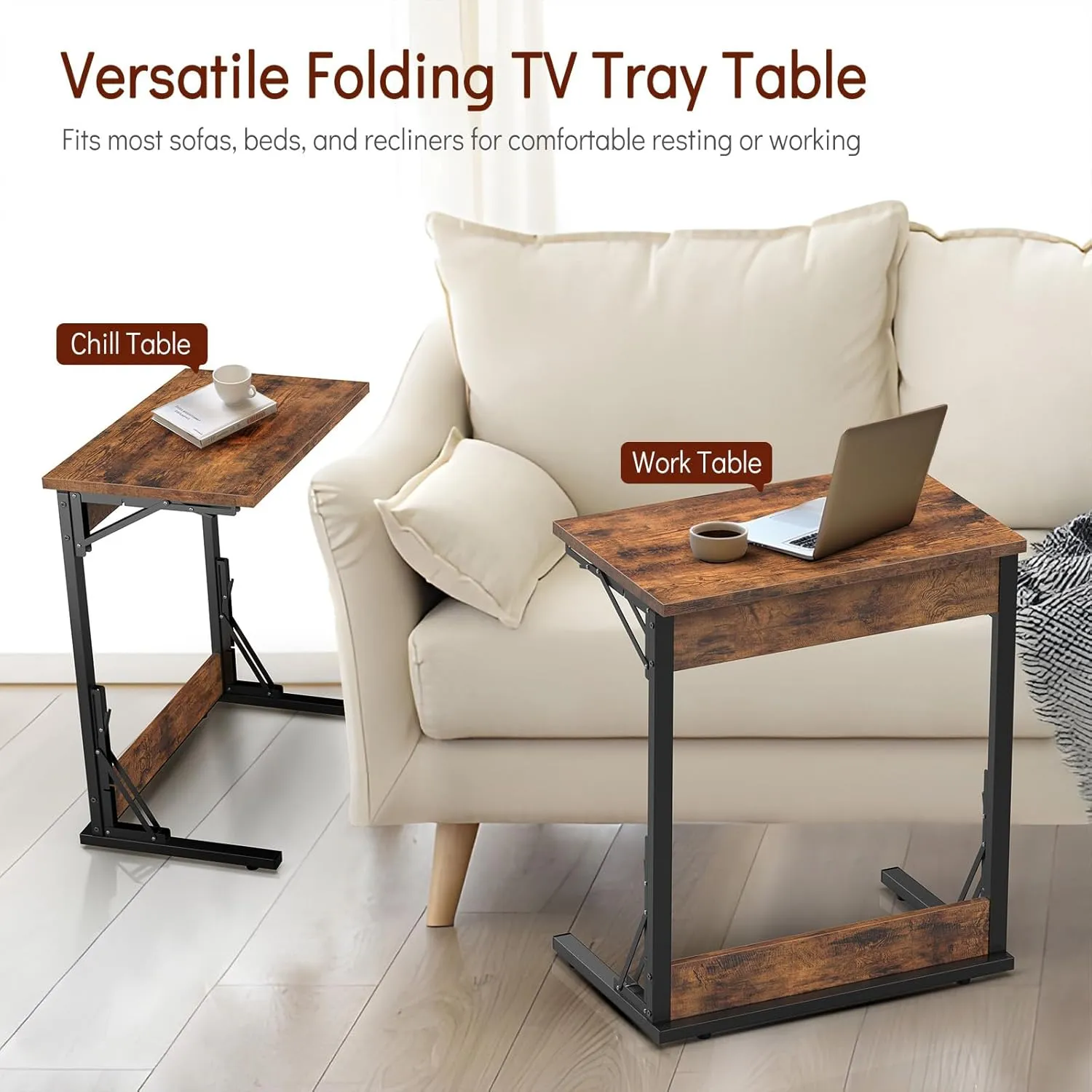 Tatub 24" Folding C Shaped End Table Set of 2, Small Sofa Side Laptop Desk, Couch TV Tray Table for Living Room, Bedroom, Rustic Brown