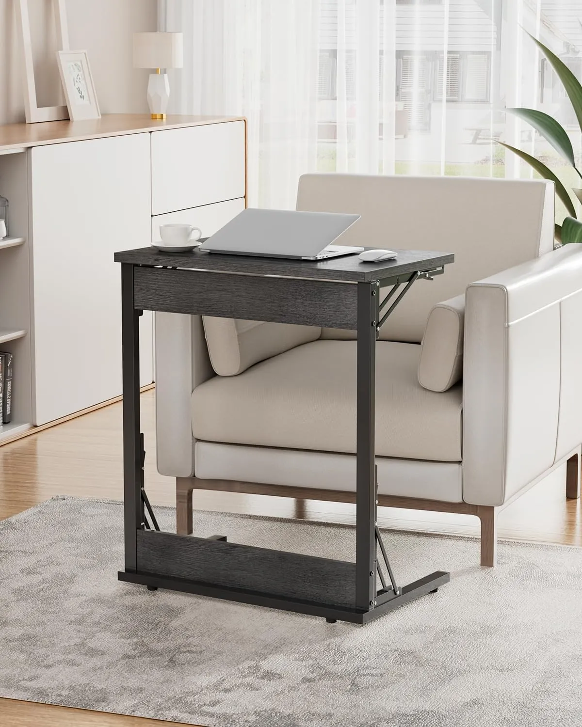 Tatub 24" Wide Folding C-Shaped End Table, Small Side Desk for Couch, Sofa TV Tray Table with Metal Frame for Living Room, Bedroom, Light Gray