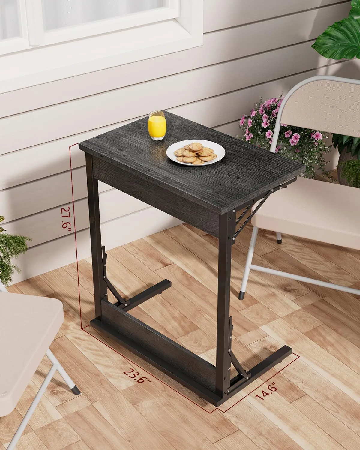 Tatub 24" Wide Folding C-Shaped End Table, Small Side Desk for Couch, Sofa TV Tray Table with Metal Frame for Living Room, Bedroom, Light Gray