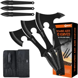 Throwing Axe Knife Set 11 inch Full Tang Stainless Steel Throwing Tomahawk Axe and 8 inch Stainless Steel Well-Balanced Throwing Knife for Recreation and Competition(3 Packs)