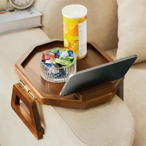 Tinamo Acacia Couch Arm Table with Phone Holder - Wooden Sofa Armrest Tray Octagon - Clip-on Tray for Wide Couch - Side Table for Eating & Drink (Acacia)