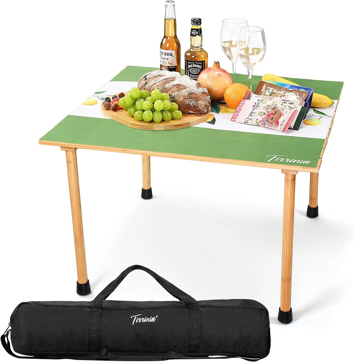 Tirrinia 26x26in Bamboo Picnic Table with Carrying Bag   Free Picnic Pad, Outdoor Portable All-Purpose Table for Concerts, Camping, Beach, Tailgating, Patio, Kitchen, Living Room