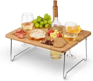 Tirrinia Portable Wine Picnic Table, Ideal Wine Gift for Women Men, Small Folding Outdoor Picnic & Cheese Tray with 2 Wine Glasses Holder for Camping, Park, Beach, Garden, Concerts