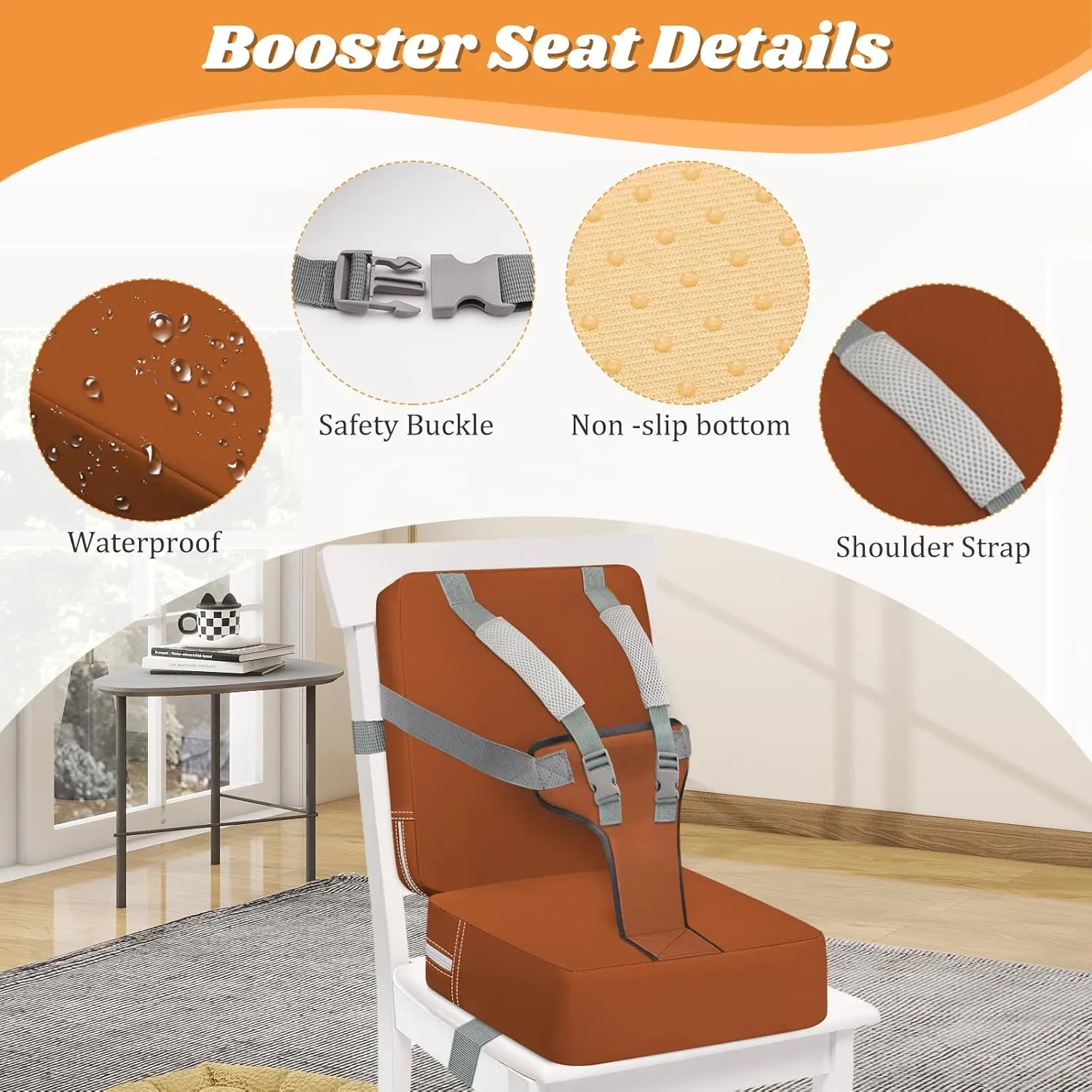 Toddler Booster Seat for Dining Table, Toddler Harness Booster Seats for Table, PU Easy Cleaning Kitchen Chair Booster Seat with Backrest Portable Travel Seat Eating for Kids Child-Brown