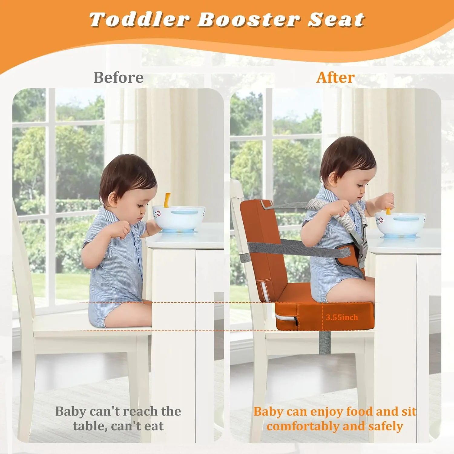Toddler Booster Seat for Dining Table, Toddler Harness Booster Seats for Table, PU Easy Cleaning Kitchen Chair Booster Seat with Backrest Portable Travel Seat Eating for Kids Child-Brown