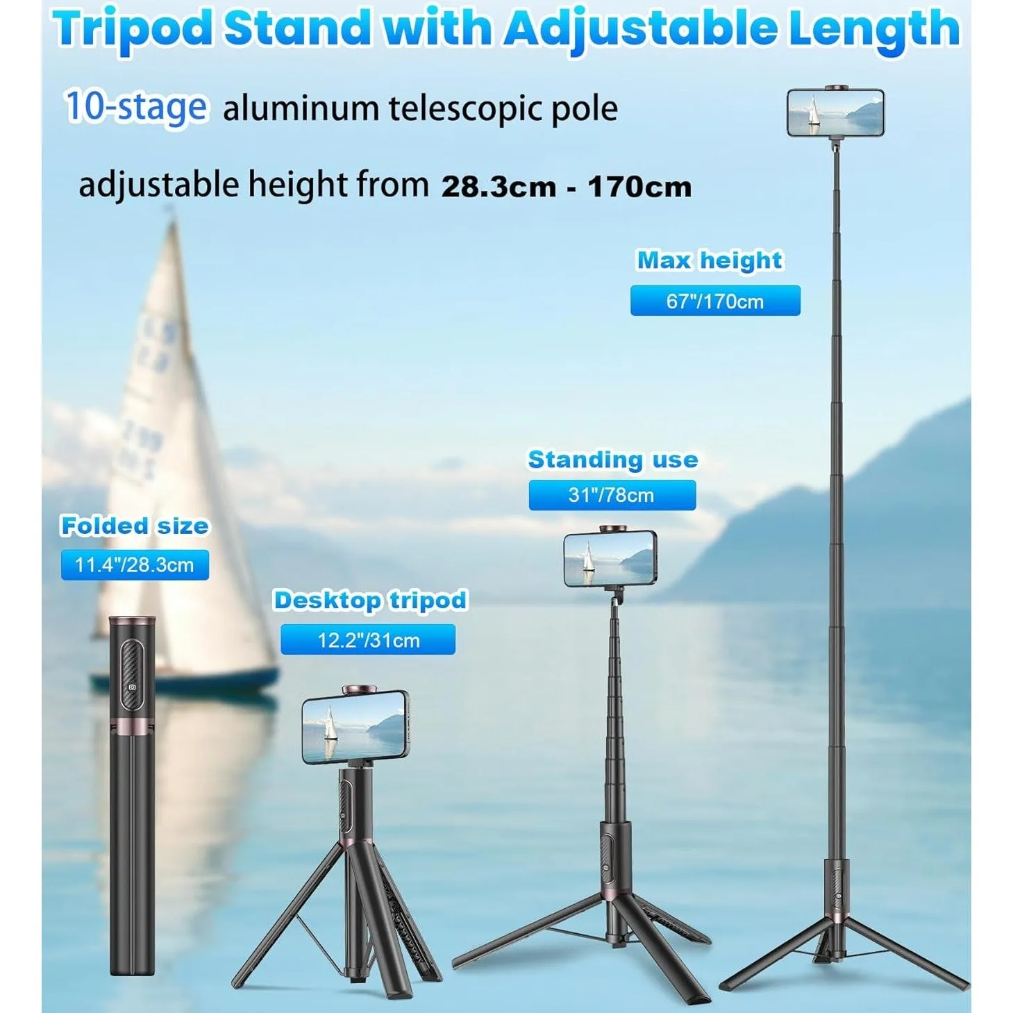 TONEOF 170cm Phone Tripod Selfie Stick, All-in-1 Phone Tripod Stand with Remote,Portable,Lightweight Tripod for for Selfies/Live/Video Recording/Travel-Black