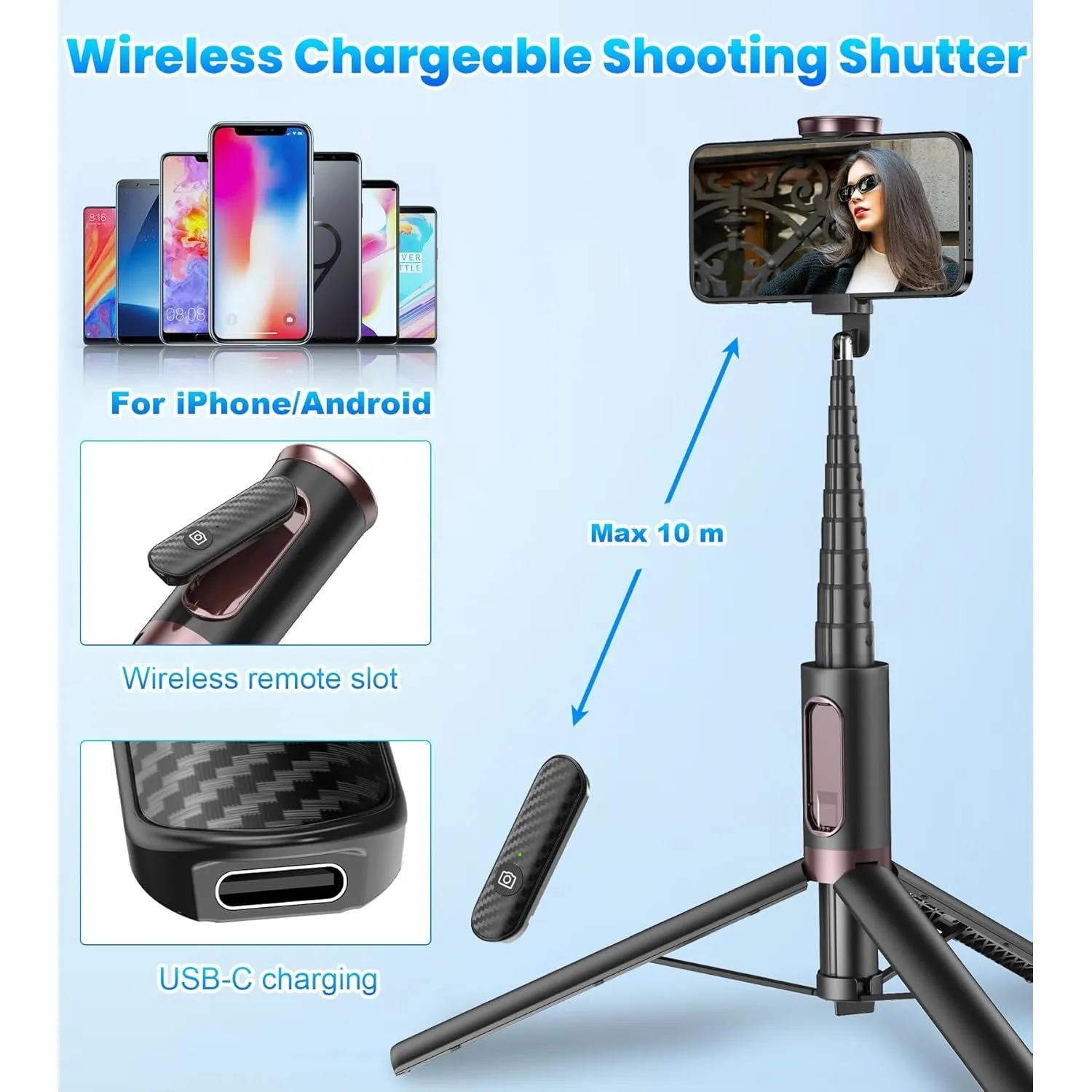 TONEOF 170cm Phone Tripod Selfie Stick, All-in-1 Phone Tripod Stand with Remote,Portable,Lightweight Tripod for for Selfies/Live/Video Recording/Travel-Black