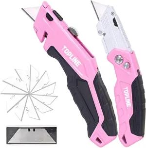 TOPLINE 2-Pack Pink Utility Knife Set, Retractable Pink Box Cutter and Pocket Folding Utility Knife, Blade Storage Design, 18-Piece SK5 Blades and a Dispenser Included