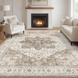 Tortania Area Rug Living Room Rugs - 9x12 Washable Boho Rug Vintage Oriental Distressed Farmhouse Large Thin Indoor Carpet for Living Room Bedroom Under Dining Table Home Office - Brown