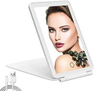 Travel Makeup Mirror,Vanity Mirror with 48 Led Lights,3 Color Mode Dimmable,Portable Folding Light Up Mirror,USB Rechargeable,for Dressing Table/Gifts,White