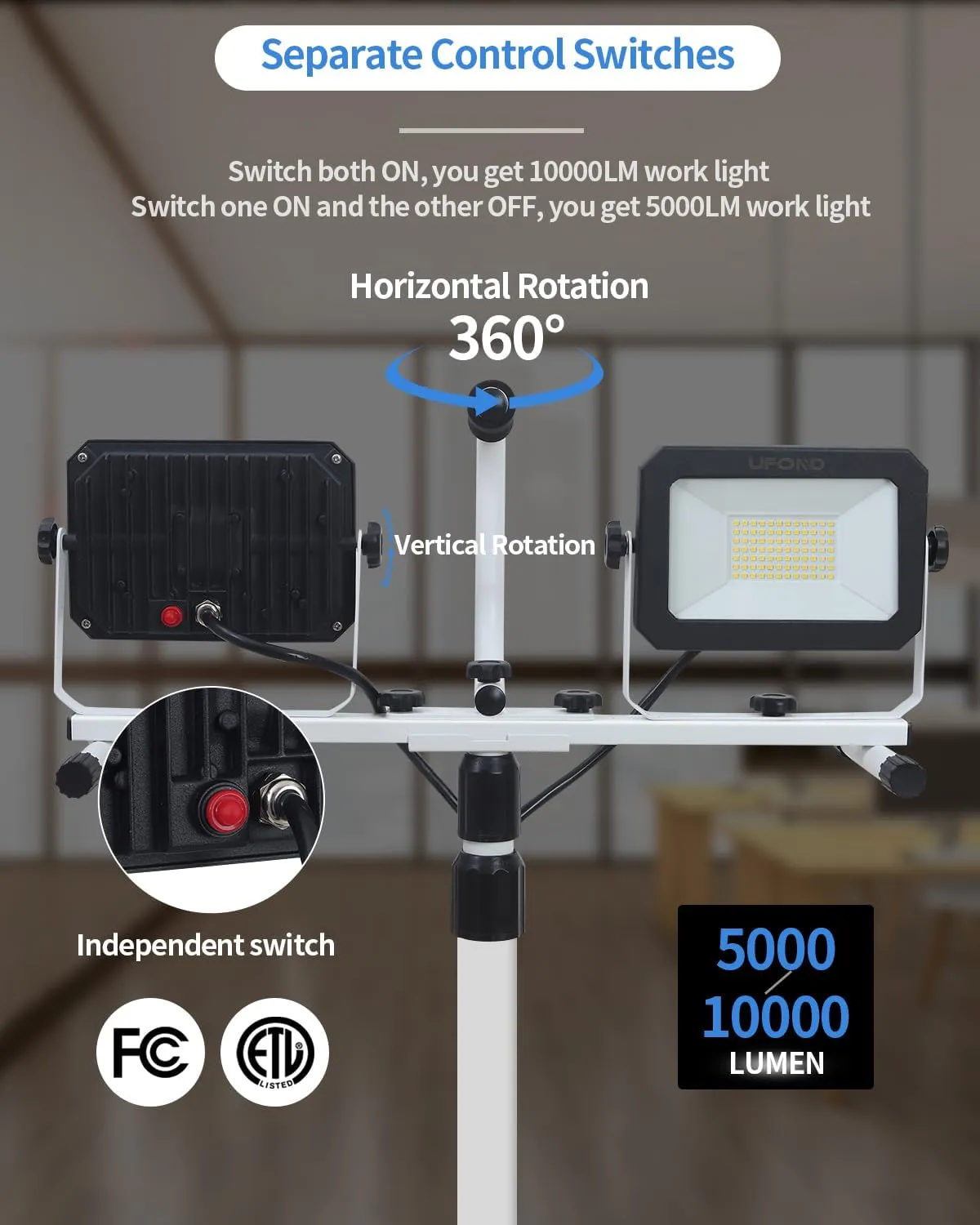 UFOND 10000 Lumen LED Work Light with Stand,Detachable Waterproof Dual Head Work Lights,Individual Switch Floodlight with TelescopingTripod,Work Lamp with Power Cord for Construction Site