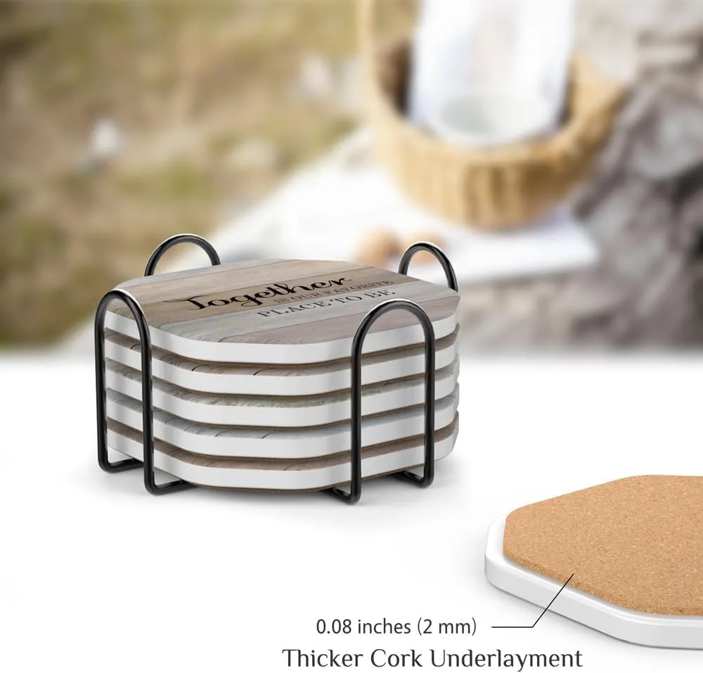 UMIRRO Rustic Farmhouse Coasters for Coffee Table Decor, Ceramic Coaster Set with Holder for Wooden Table, Cute Cup Coasters for Drinks Absorbent, Housewarming Gifts for New House/Home, 4", 6 Pack