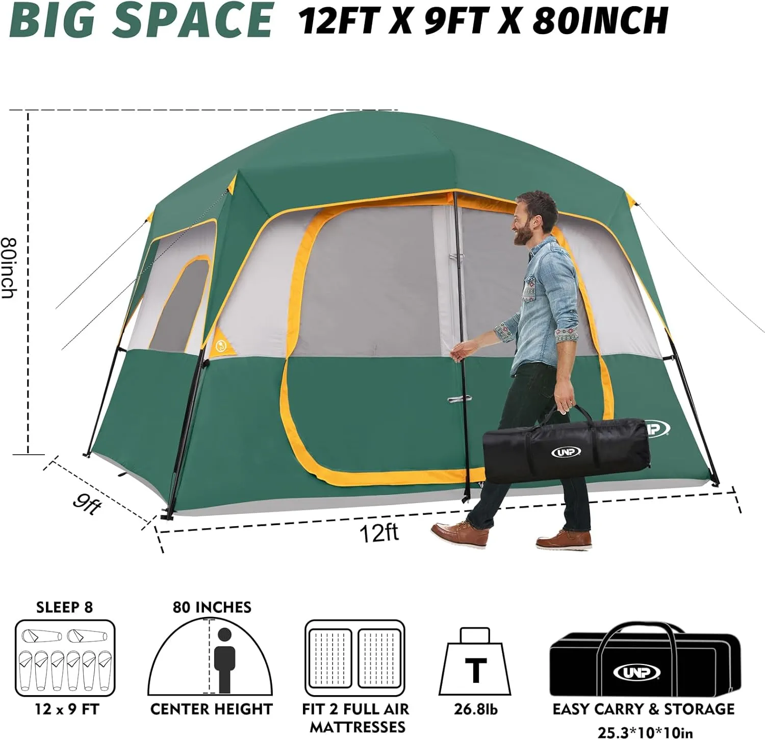 UNP 2/4/6/8 Person Tent, Portable Cabin Tent, Camping Tent 4-Person Easy Set Up, Waterproof with Top Rainfly for Outdoor Camping/Hiking