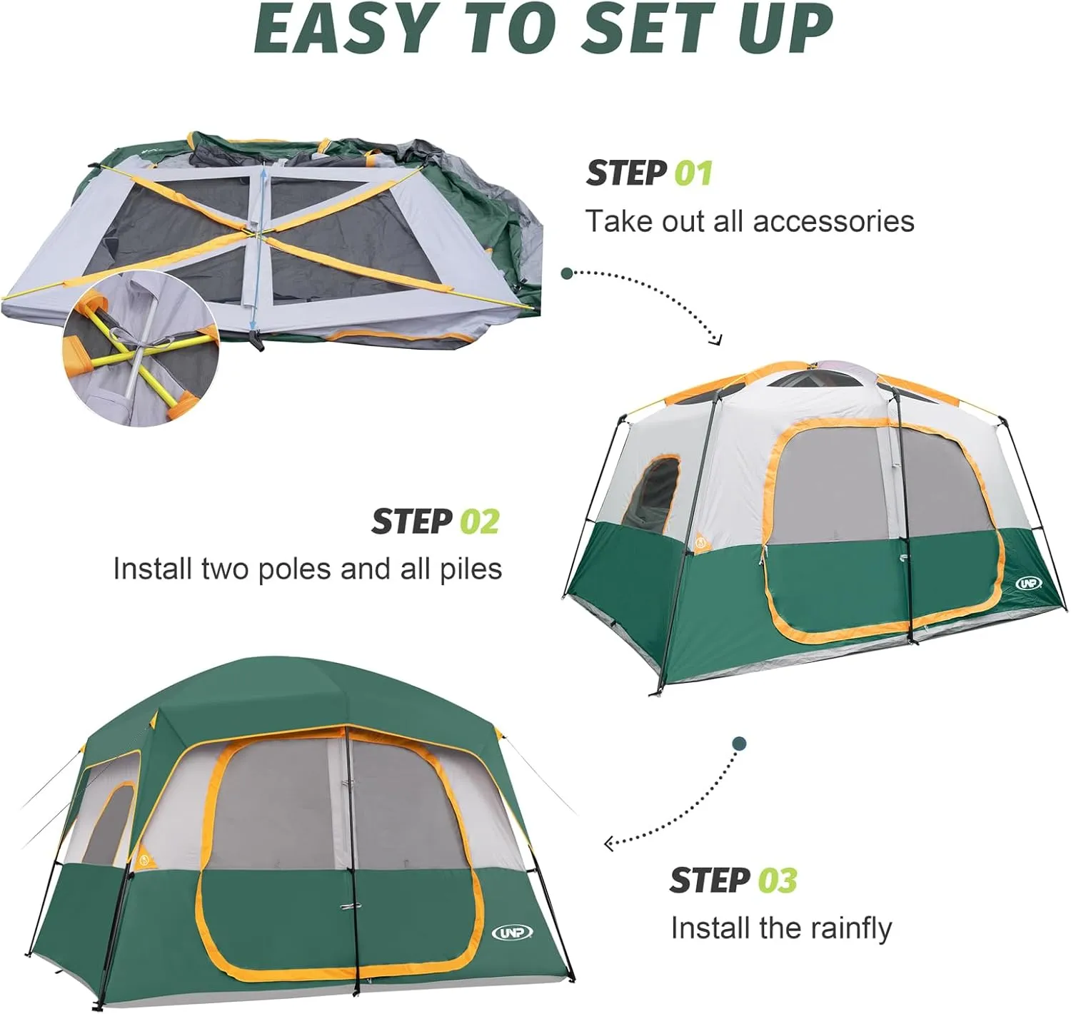 UNP 2/4/6/8 Person Tent, Portable Cabin Tent, Camping Tent 4-Person Easy Set Up, Waterproof with Top Rainfly for Outdoor Camping/Hiking