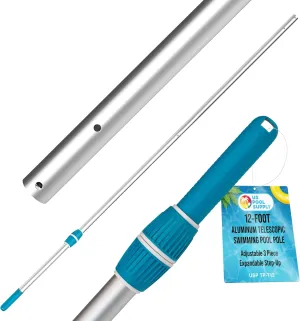 U.S. Pool Supply Telescoping Pole 12-Foot Aluminum Pool Pole Telescopic Cleaning, Adjustable 3 Piece Expandable Step-Up - Twist Locking Cams, Attach Connect Skimmer Net Rake Brush Vacuum Heads Hoses