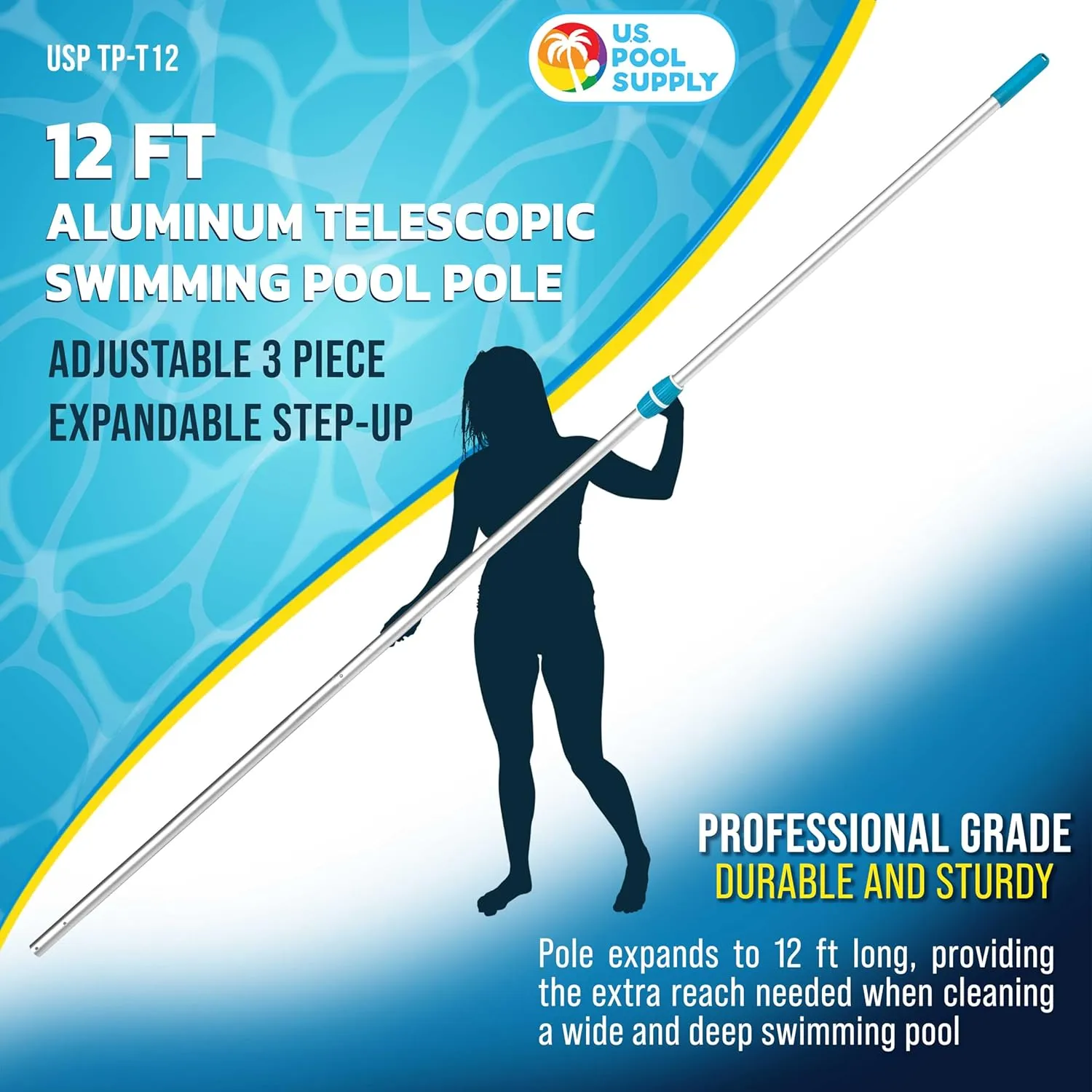 U.S. Pool Supply Telescoping Pole 12-Foot Aluminum Pool Pole Telescopic Cleaning, Adjustable 3 Piece Expandable Step-Up - Twist Locking Cams, Attach Connect Skimmer Net Rake Brush Vacuum Heads Hoses