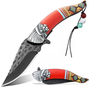 VALHALLA INDIANS Pocket Folding Knife, Vintage Art Native American Outdoor Folding Knife,Survival Knife With 3D Retro Embossed Pattern, Cool EDC Pocket Knife, Gift For Men