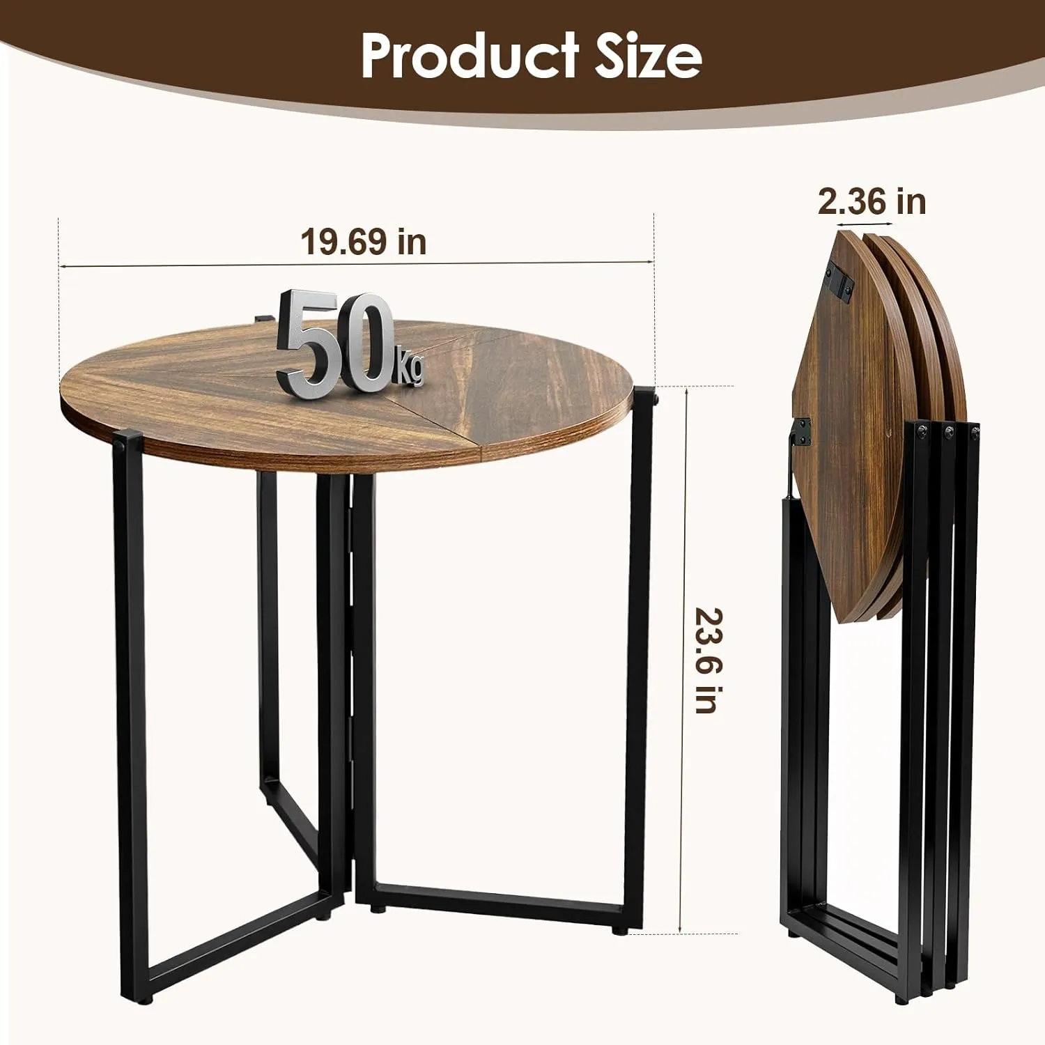 VAXMAY Small Round Table, Easy Fordable and Portable Patio Side Table,19 Inch Round Table, Anti-Rust Waterpoof Metal Small Dining Table for Patio, Outside, Camping, Balcony (Dark Walnut)