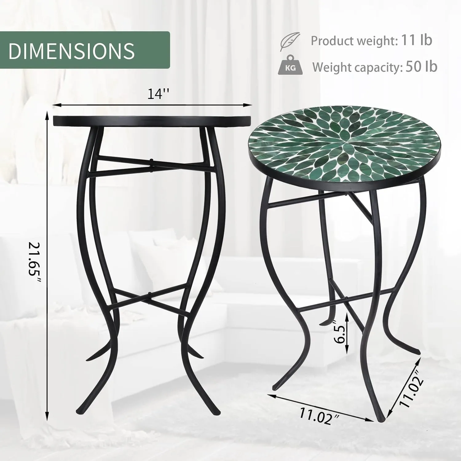 VCUTEKA Mosaic Outdoor Side Table - Small Patio Table Coffee Table Outside Accent Table Round End Plant Table for Bistro Balcony Porch Outdoor Benches 14'' Mosaic Table Beige