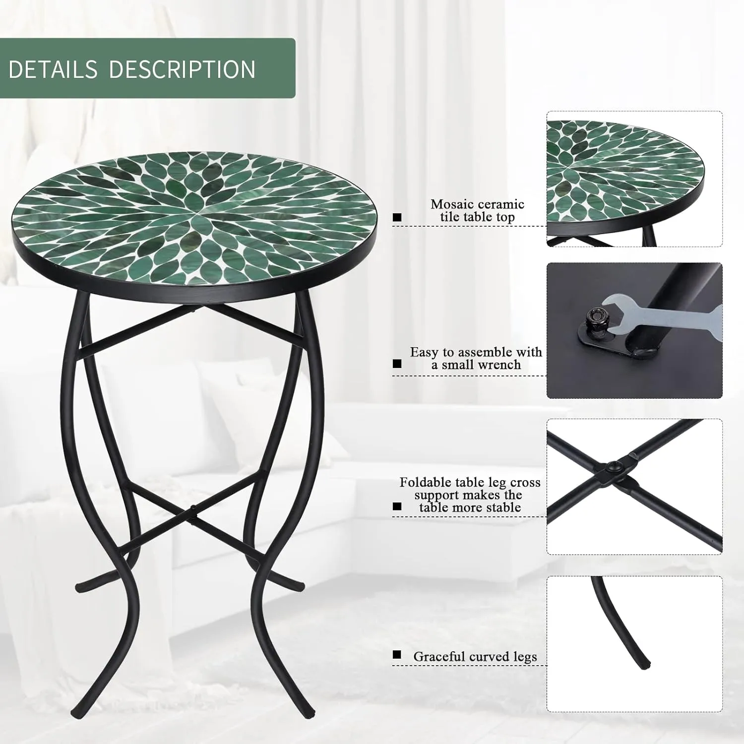 VCUTEKA Mosaic Outdoor Side Table - Small Patio Table Coffee Table Outside Accent Table Round End Plant Table for Bistro Balcony Porch Outdoor Benches 14'' Mosaic Table Beige