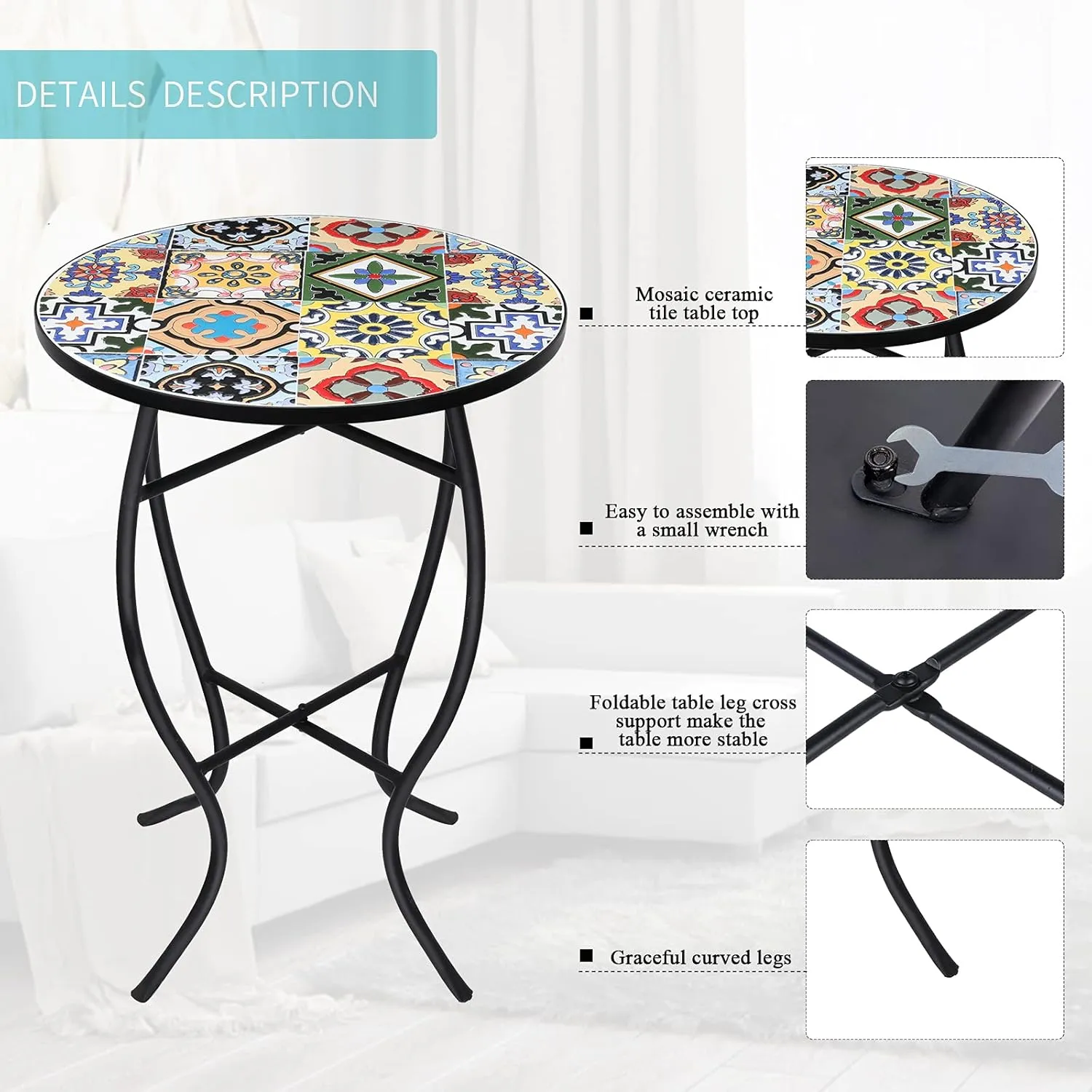VCUTEKA Outdoor Mosaic Side Table - Small Patio Table Coffee Table Outside Accent Table Round End Plant Table for Bistro Balcony Porch Outdoor Benches 14''