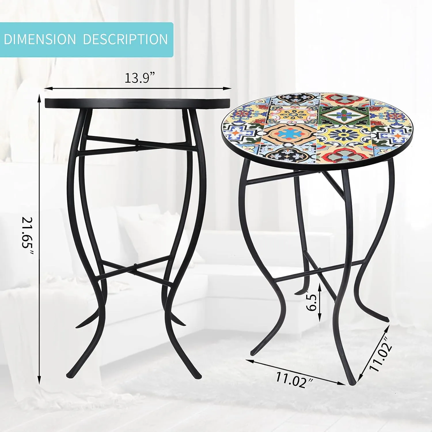 VCUTEKA Outdoor Mosaic Side Table - Small Patio Table Coffee Table Outside Accent Table Round End Plant Table for Bistro Balcony Porch Outdoor Benches 14''