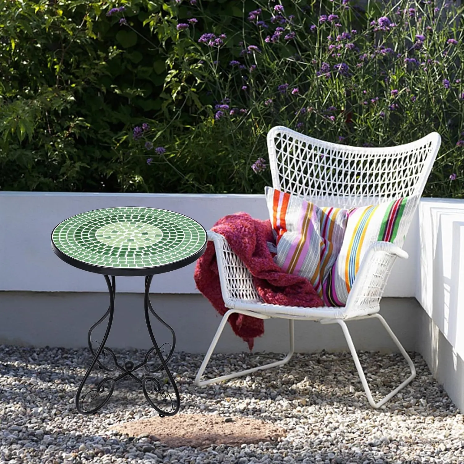 VCUTEKA Outdoor Side Table Mosaic Patio Table Accent Tables Mosaic Tile Top Metal Frame Small End Tables Porch Beach Patio Garden Balcony Green